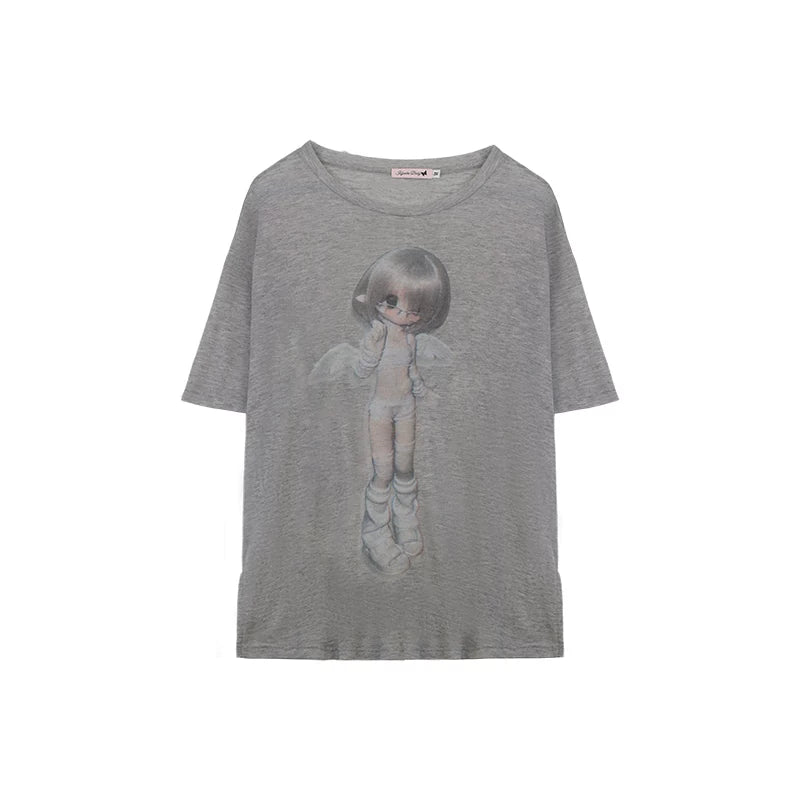Gray & White Angel Original Licensed Two-Tone Vintage BJD Sheer Knit Cover-Up T-Shirt