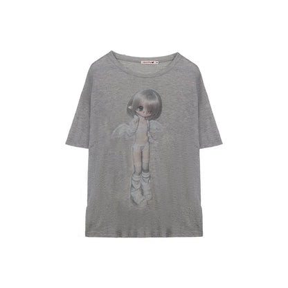 Gray & White Angel Original Licensed Two-Tone Vintage BJD Sheer Knit Cover-Up T-Shirt