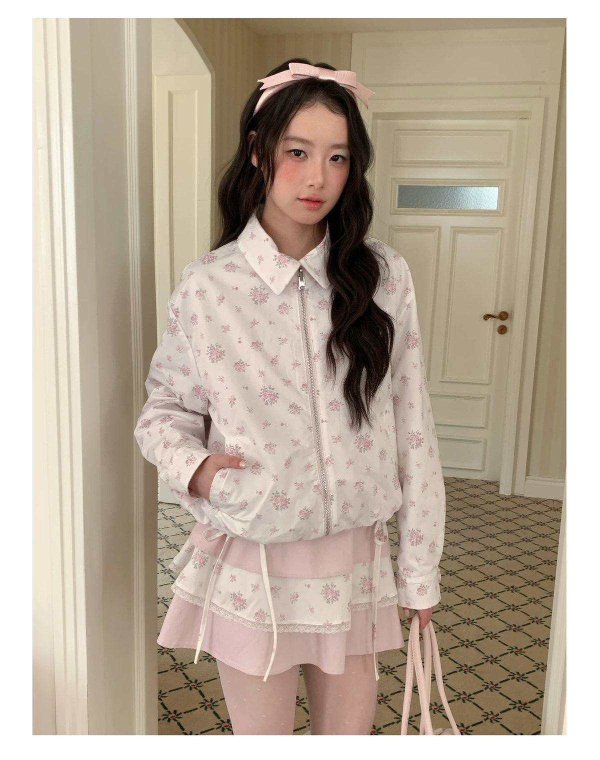 [RF] “Blush Meadow” White & Pink Floral Reversible Jacket and Mini Skirt Set