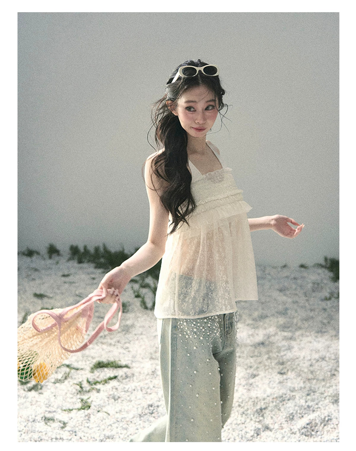 “Shattered Glasslight Veil” Cream Lace Halter Twinset Top