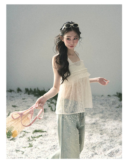 “Shattered Glasslight Veil” Cream Lace Halter Twinset Top