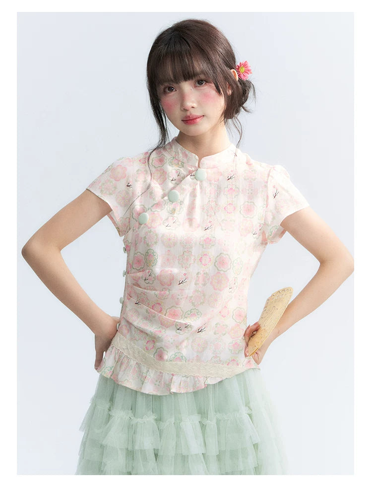 "Lime Mille-Feuille Glow" Peach Mist Chinese-Inspired Short Sleeve Top & Lime Green Tulle Tiered Skirt Set