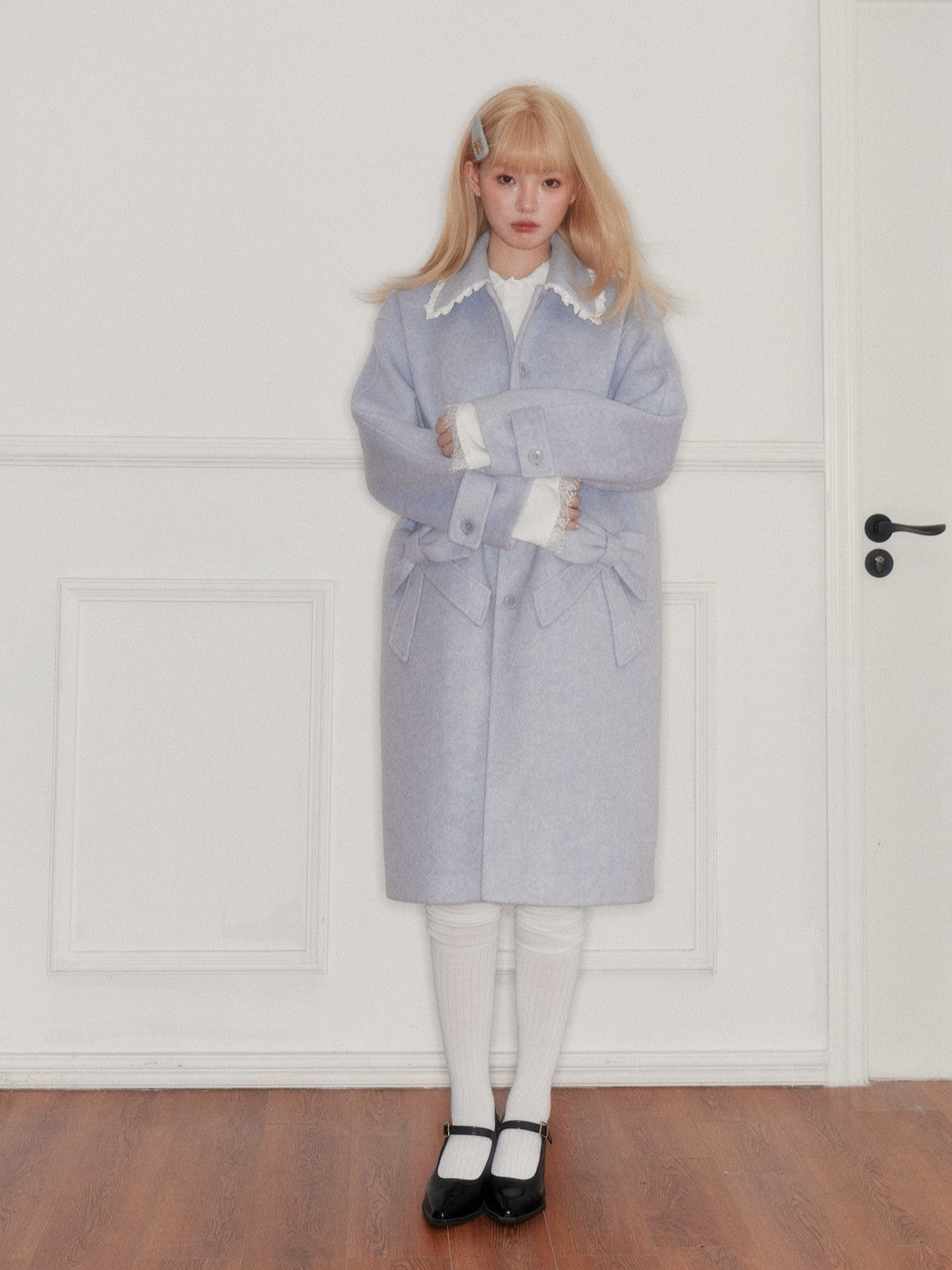“Winter Cedar Lace Bow” Wool-Blend Loose-Shoulder Coat - Blue M6665