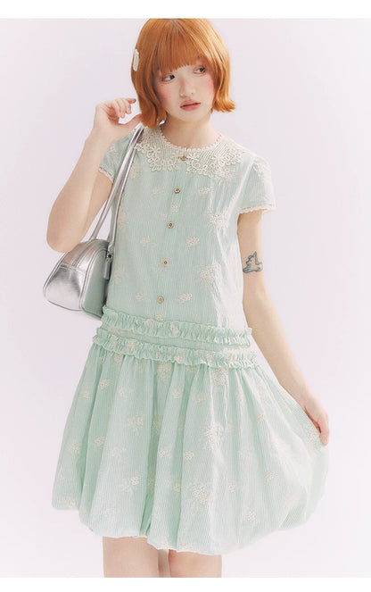 “Mint Lime” Green Stripe Lace Babydoll Dress