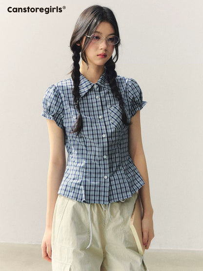 "Cheongdam Girl Mood" Fitted Plaid Puff Sleeve Blouse LL2026049