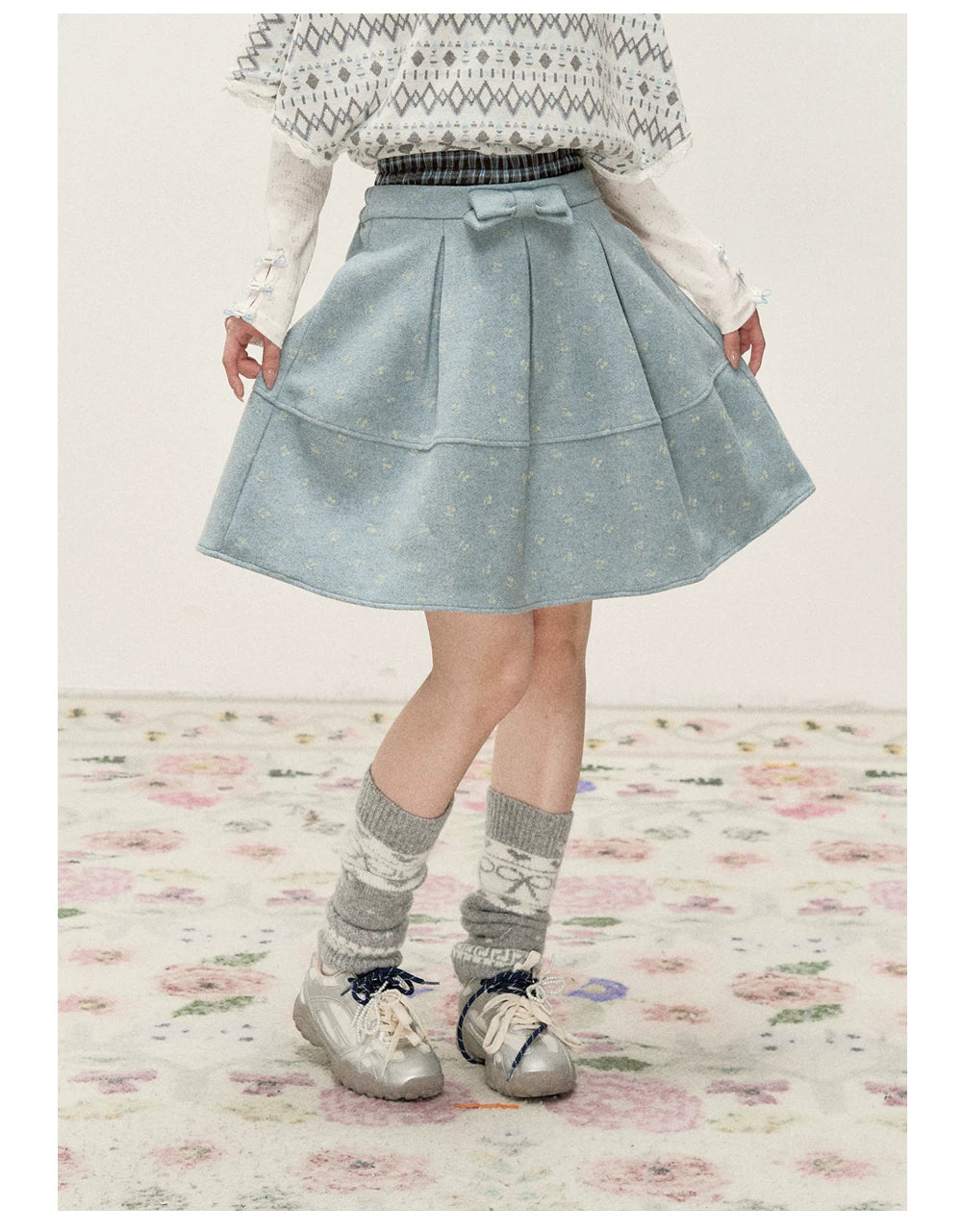 [RF] Frost Mist Blue Floral Jacquard A-Line Midi Skirt with Plaid Waistband