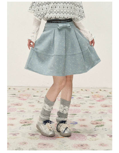 [RF] Frost Mist Blue Floral Jacquard A-Line Midi Skirt with Plaid Waistband