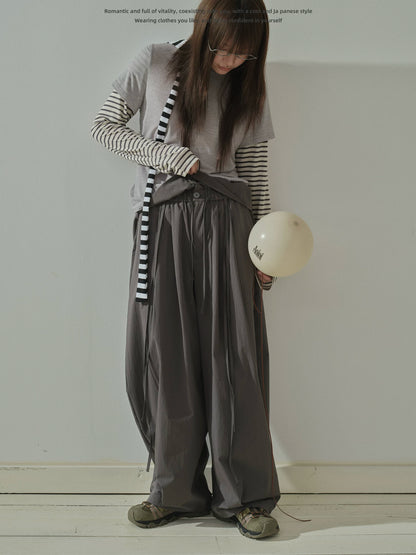 "Quiet Flow" Wide Leg Trousers (Khaki / Charcoal Gray)
