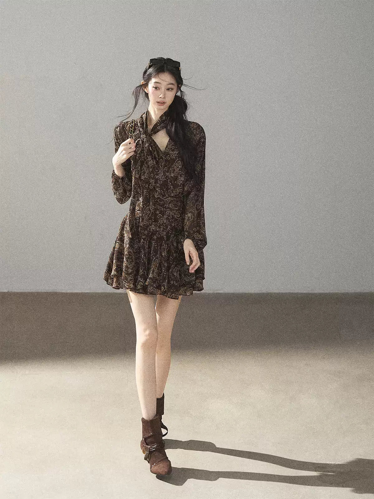 "Wait for a Tree of Blossoms" Cocoa Brown French Long-Sleeve Chiffon Dress (+ Camisole)