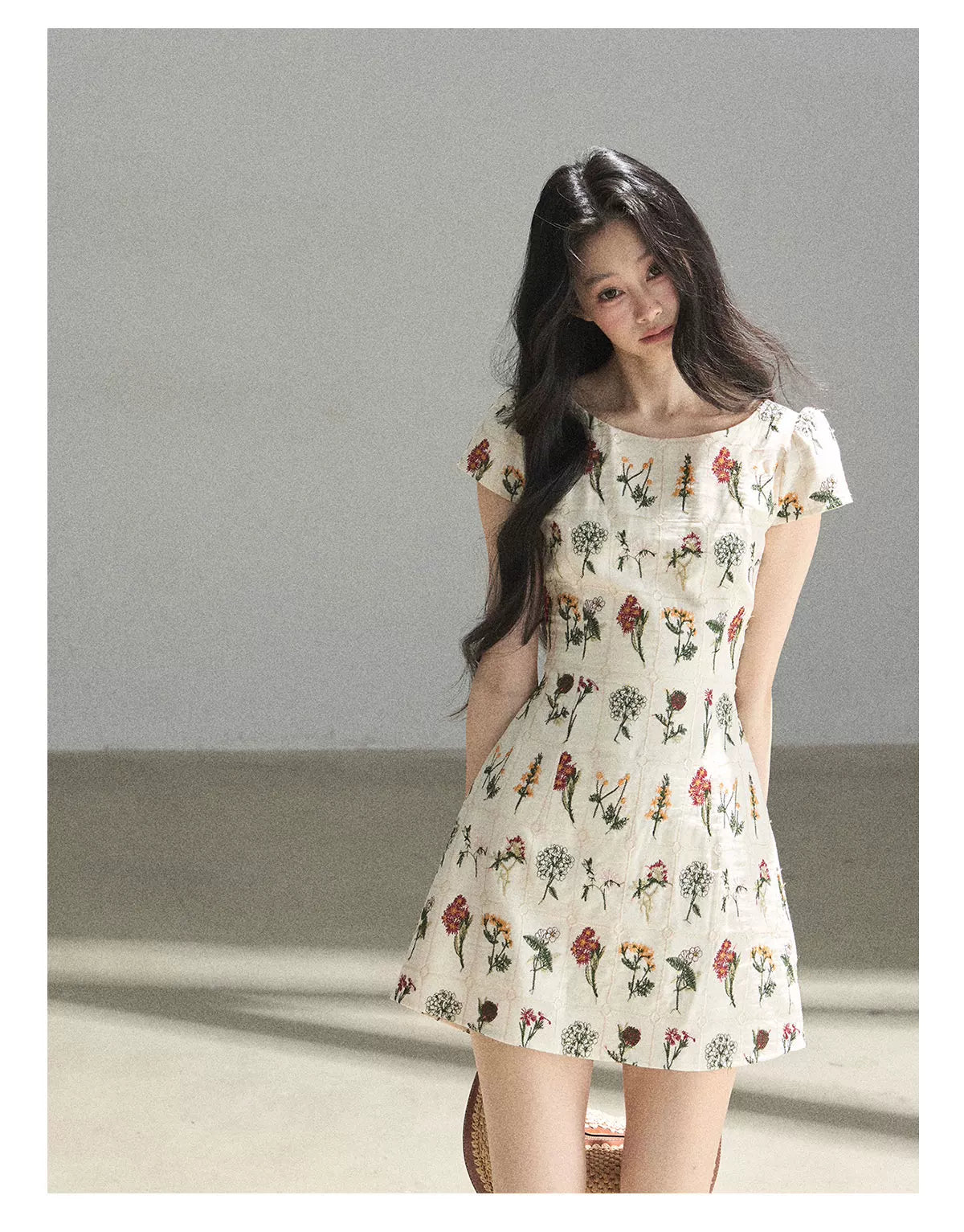 "Wildflower Daydream" Dutch Cream Embroidered Mini Dress - Short Sleeve 45684