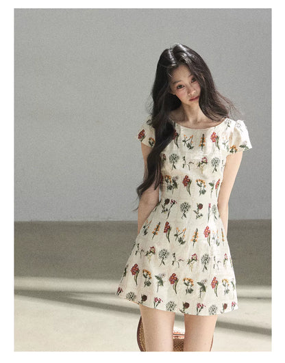 "Wildflower Daydream" Dutch Cream Embroidered Mini Dress - Short Sleeve 45684