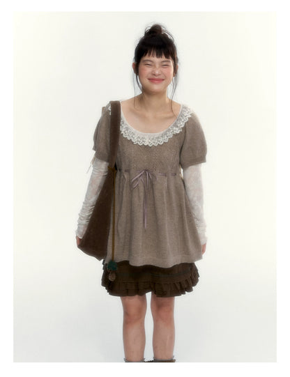 “Cloud Pleats” Chestnut Mist U-Neck Bow-Tie Puff Sleeve Knit Sweater