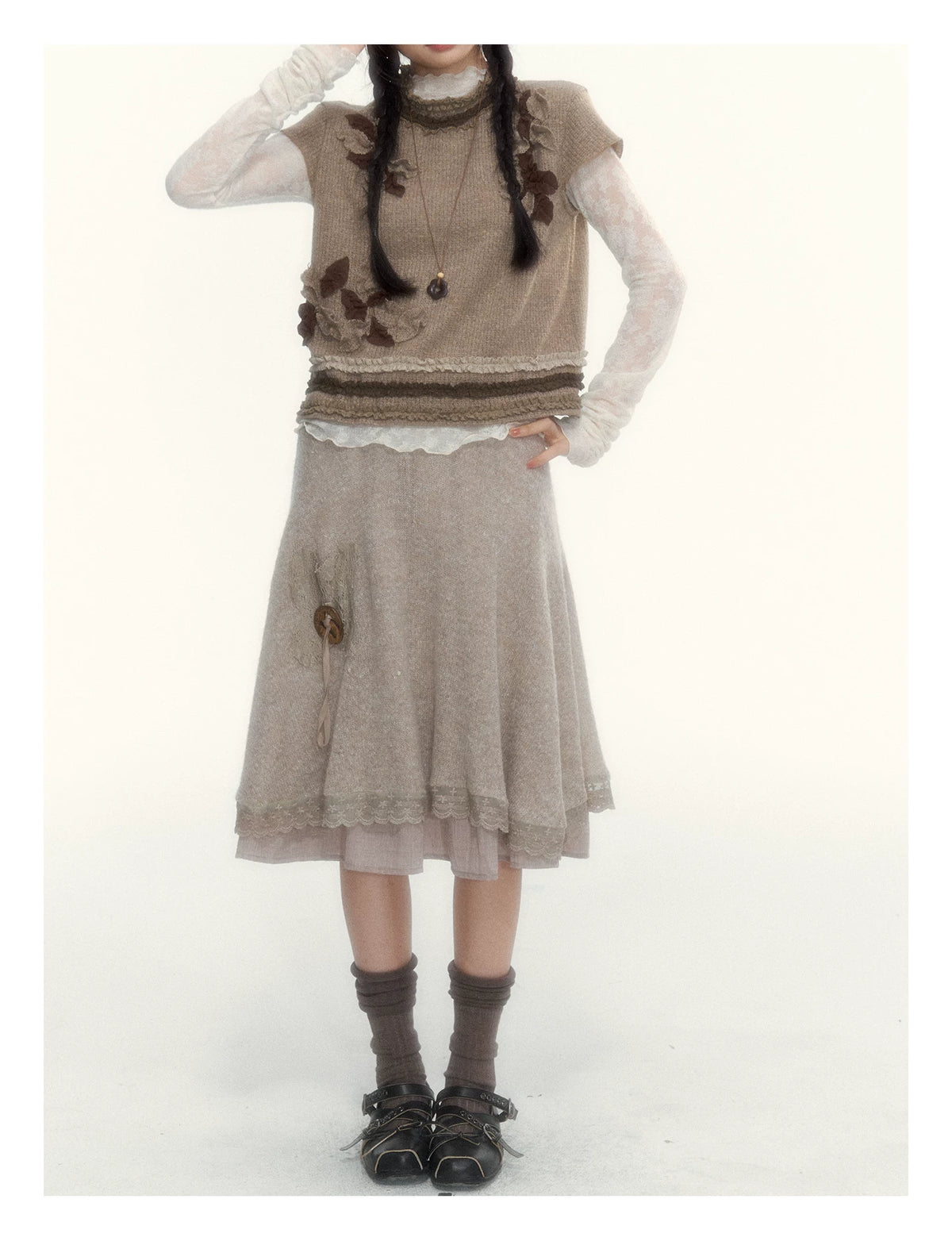 Milk Coffee Vintage Lace Knit A-Line Skirt