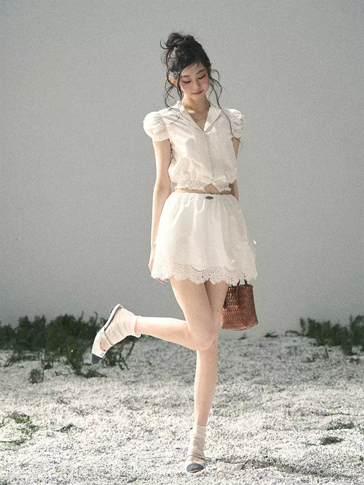 "Rose Petals in Secret" Cloud White Lace Two-Piece Skirt Set 142453