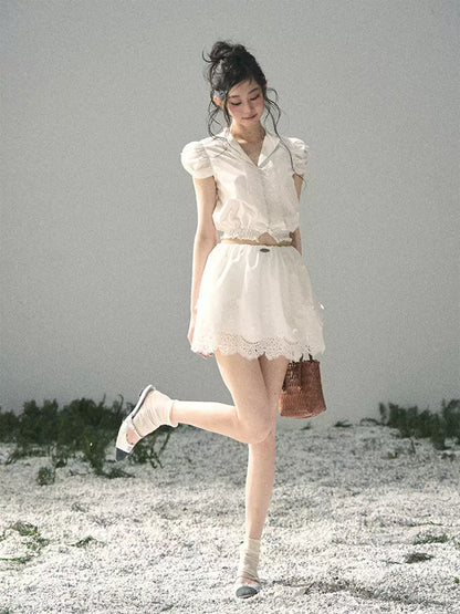 "Rose Petals in Secret" Cloud White Lace Two-Piece Skirt Set 142453