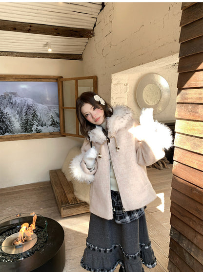 阮阮自制 - Soft Fog Apricot Pink Witch Hooded Wool Coat