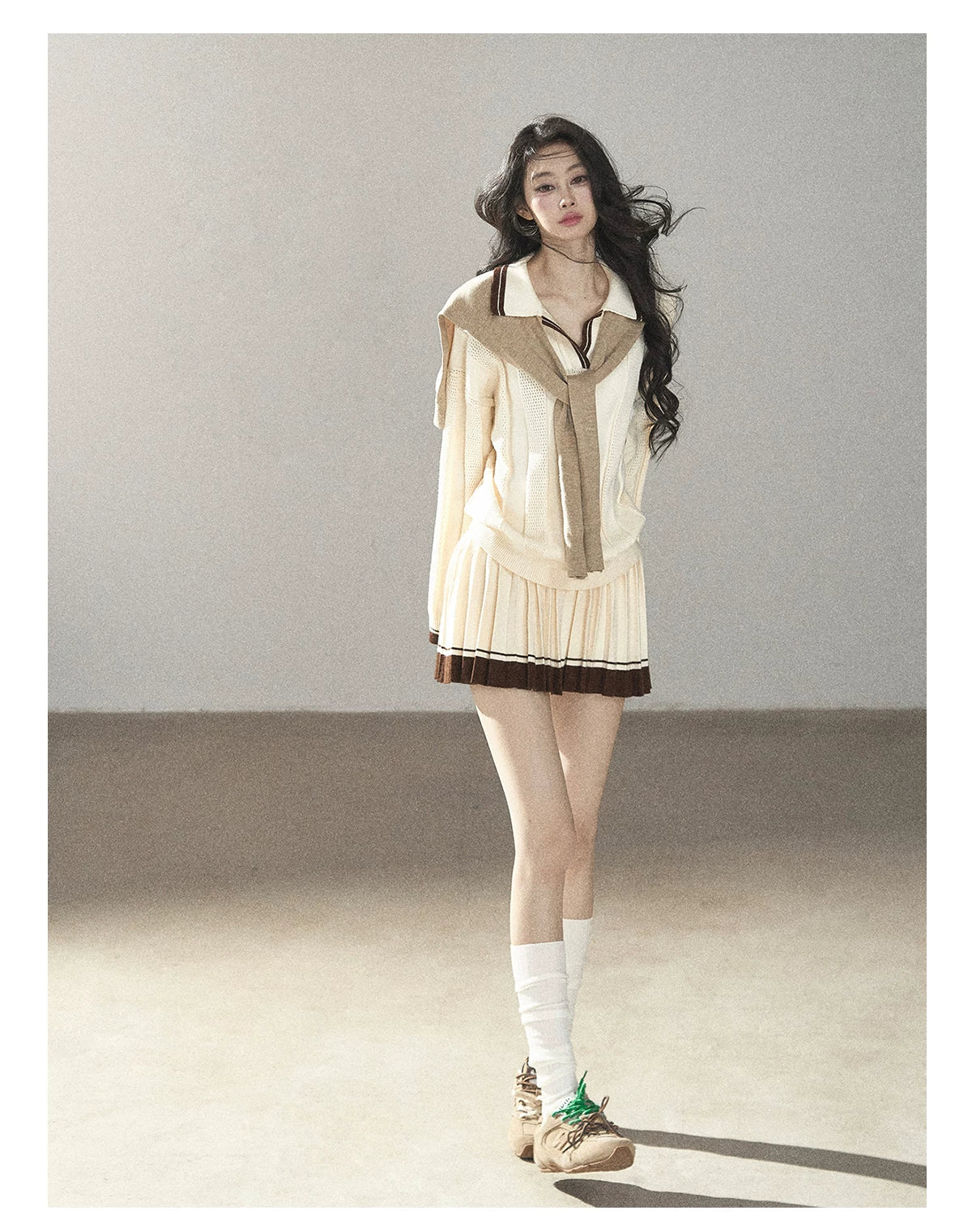 AOMALM - Dutch Cheese Knit Top & Pleated Mini Skirt Set with Khaki Shawl