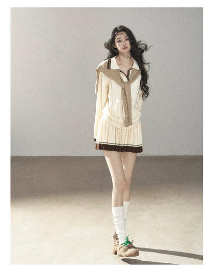 AOMALM - Dutch Cheese Knit Top & Pleated Mini Skirt Set with Khaki Shawl