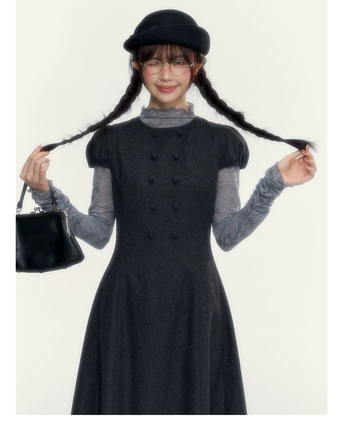 Vintage Double-Breasted Wool Dress & Knit Fringe Cape Set