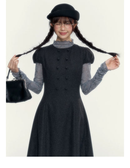 Vintage Double-Breasted Wool Dress & Knit Fringe Cape Set