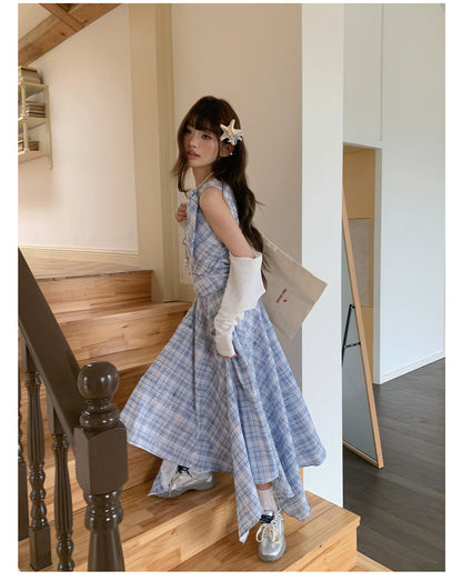 “Blue Meadow Reverie” Blue Plaid Floral Maxi Dress