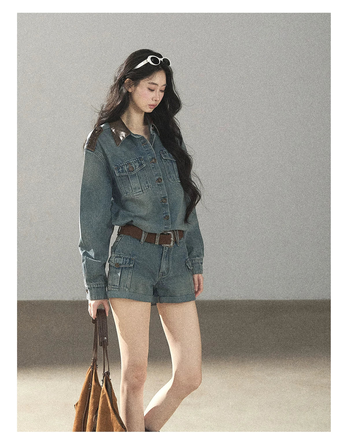 AOMALM - "Borrowed Sunshine" Vintage Blue Denim Commuter Set (Top + Shorts with Belt)