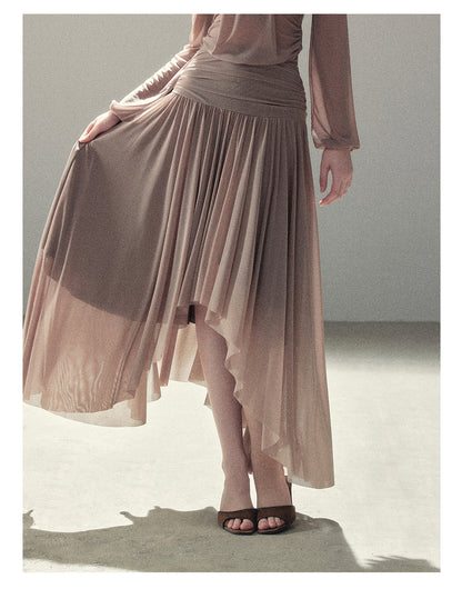 170726 "Waiting for Autumn Rain" Silver Mouse Gray Off-Shoulder Pleated Skirt Set