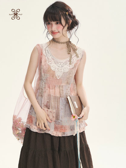 "Fragments of Time" Pink Brown Patchwork Lace Ruffle Trim Sleeveless Top