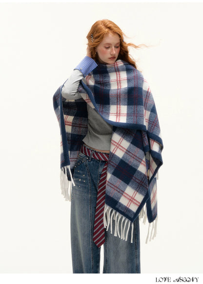 ASGONY - Navy Plaid Fringe Wrap Scarf