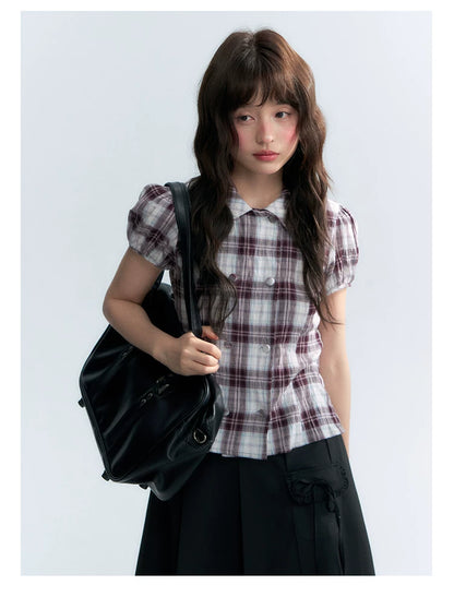 "Violet Mist Bow" Purple Brown Plaid Blouse