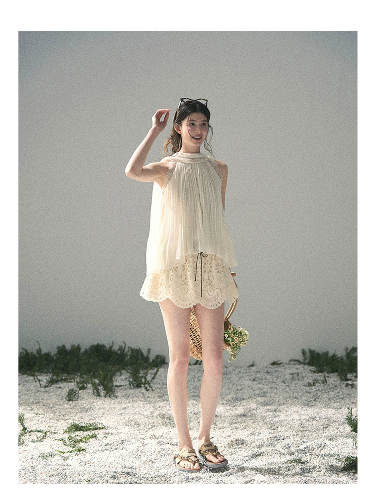 “Summer Light Through Pleats” Ivory Lace Pleated Halter Blouse
