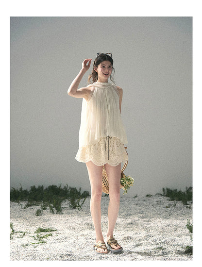 “Summer Light Through Pleats” Ivory Lace Pleated Halter Blouse