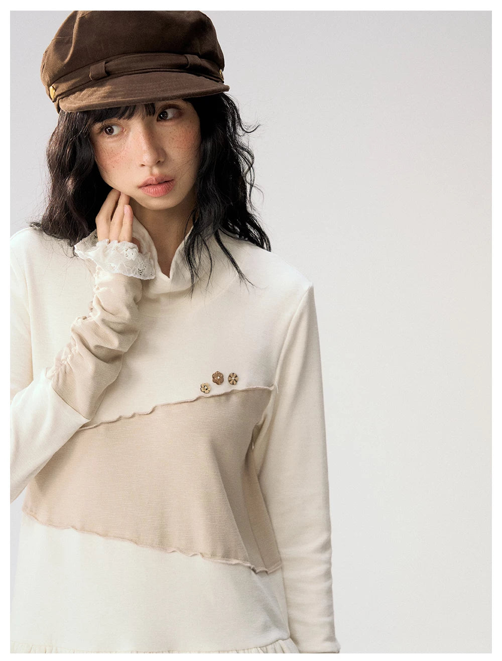 [CAN] "Oatmeal Harmony" Ivory Taupe Ruffle Lace Layered Knit Top