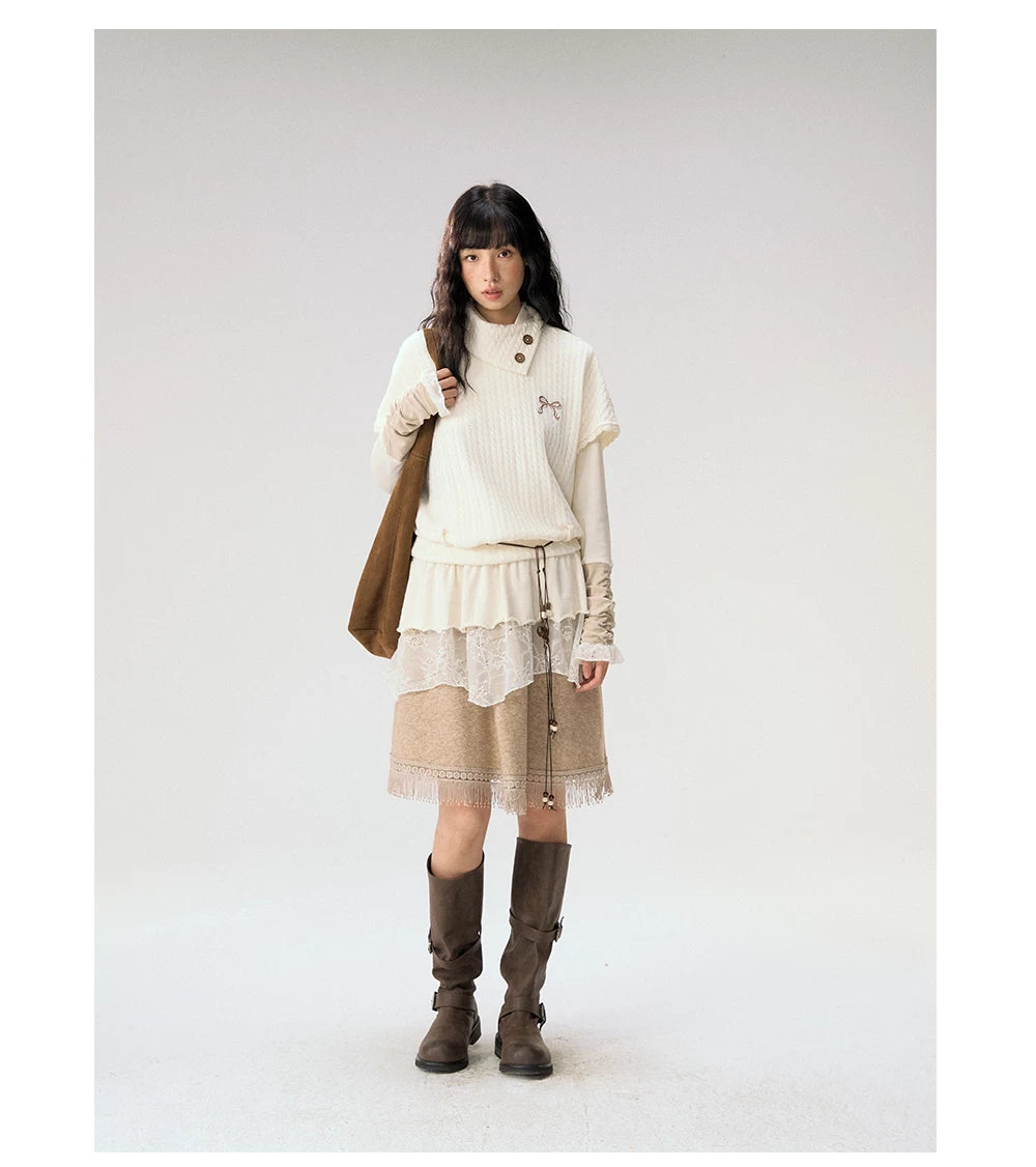 [CAN] "Oatmeal Harmony" Ivory Taupe Ruffle Lace Layered Knit Top