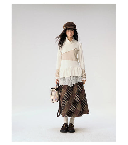 [CAN] "Oatmeal Harmony" Ivory Taupe Ruffle Lace Layered Knit Top