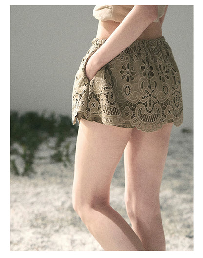 “Lost in Your Embrace” Roasted Pecan Lace Puff Skort