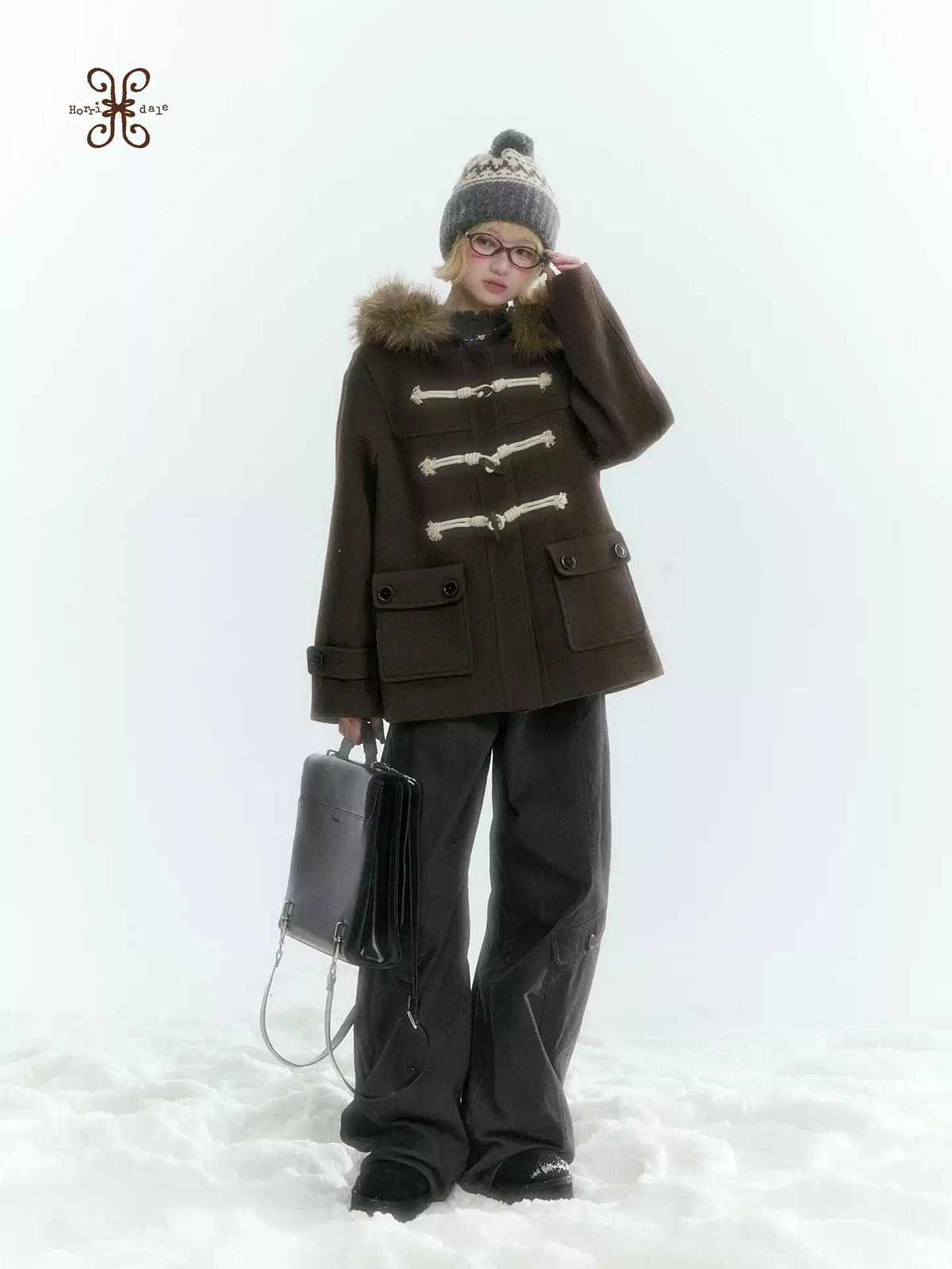 Horridale - Dark Coffee Brown Cropped Hooded Toggle Coat with Detachable Faux Fur Collar
