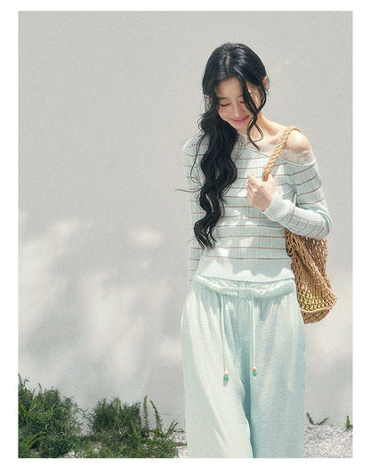 少也眼 “A Gentle Glance” One-Shoulder Lace Knit Long-Sleeve Top - Glacier Blue 43552