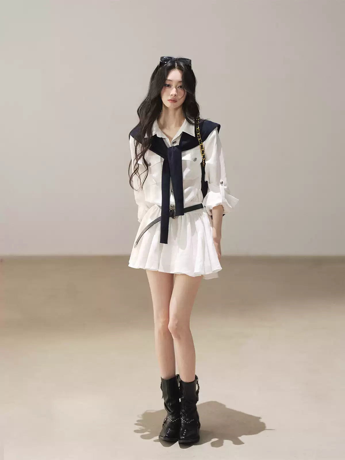 AOMALM - "Moonlight Sinks into the Sea" High-Intellect Utility Shirt Dress (Plain White / Navy Blue, with Belt & Optional Shawl)