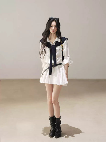 AOMALM - "Moonlight Sinks into the Sea" High-Intellect Utility Shirt Dress (Plain White / Navy Blue, with Belt & Optional Shawl)