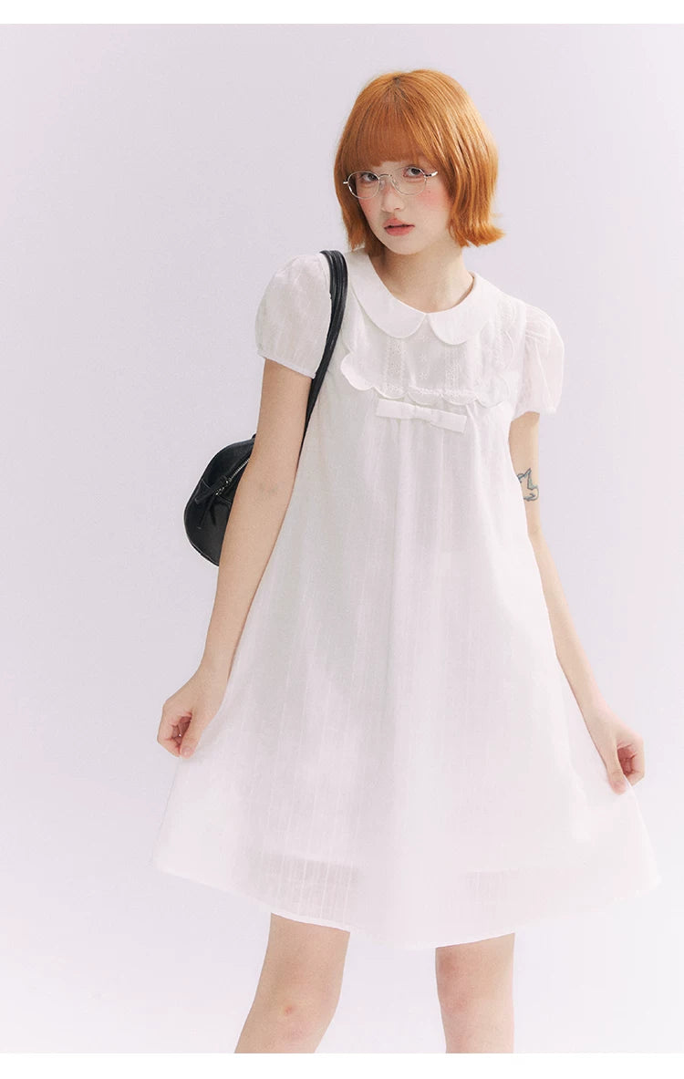 “Lace Sleep Song” White Embroidered Puff Sleeve Babydoll Dress