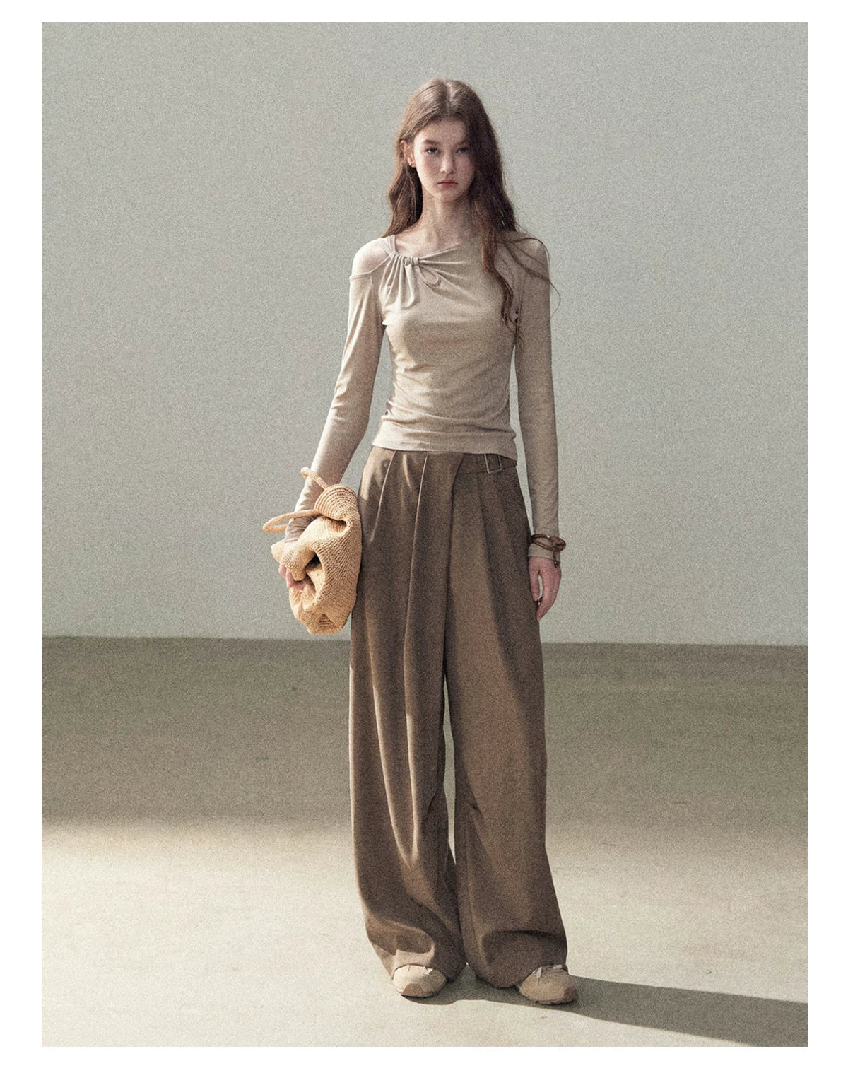 AOMALM - "A Touch of Autumn" Loose Relaxed Balloon Wide-Leg Pants With Belt (Dusty Taupe Brown / Quiet Black)