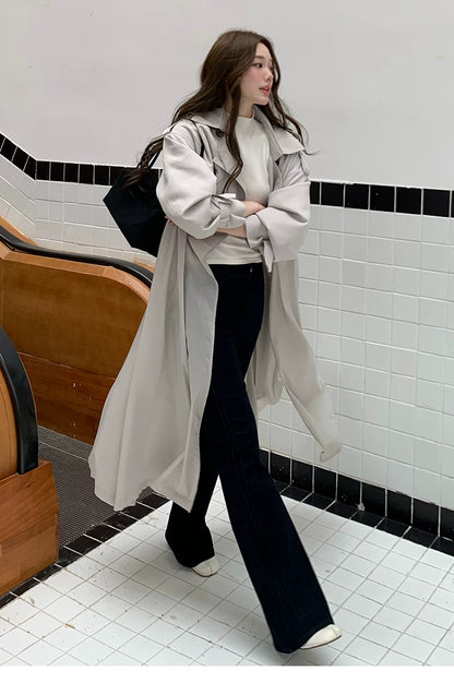 LaluneDuCiel - Beige Gray Double-Breasted Long Trench Coat