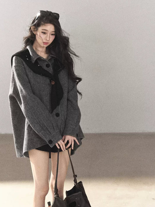 AOMALM - Deep Rock Gray Wool-Blend Herringbone Coat with Detachable Scarf Hood
