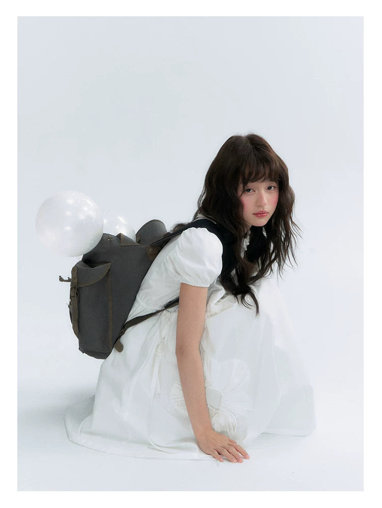 "Puff Doll Dress" Ruffle Trim Puff Sleeve Cotton A-Line Dress (White/ Black)