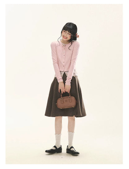 "Layered Blossom" Faux-Layer Knit Cardigan (Sakura Pink/ Heather Gray)
