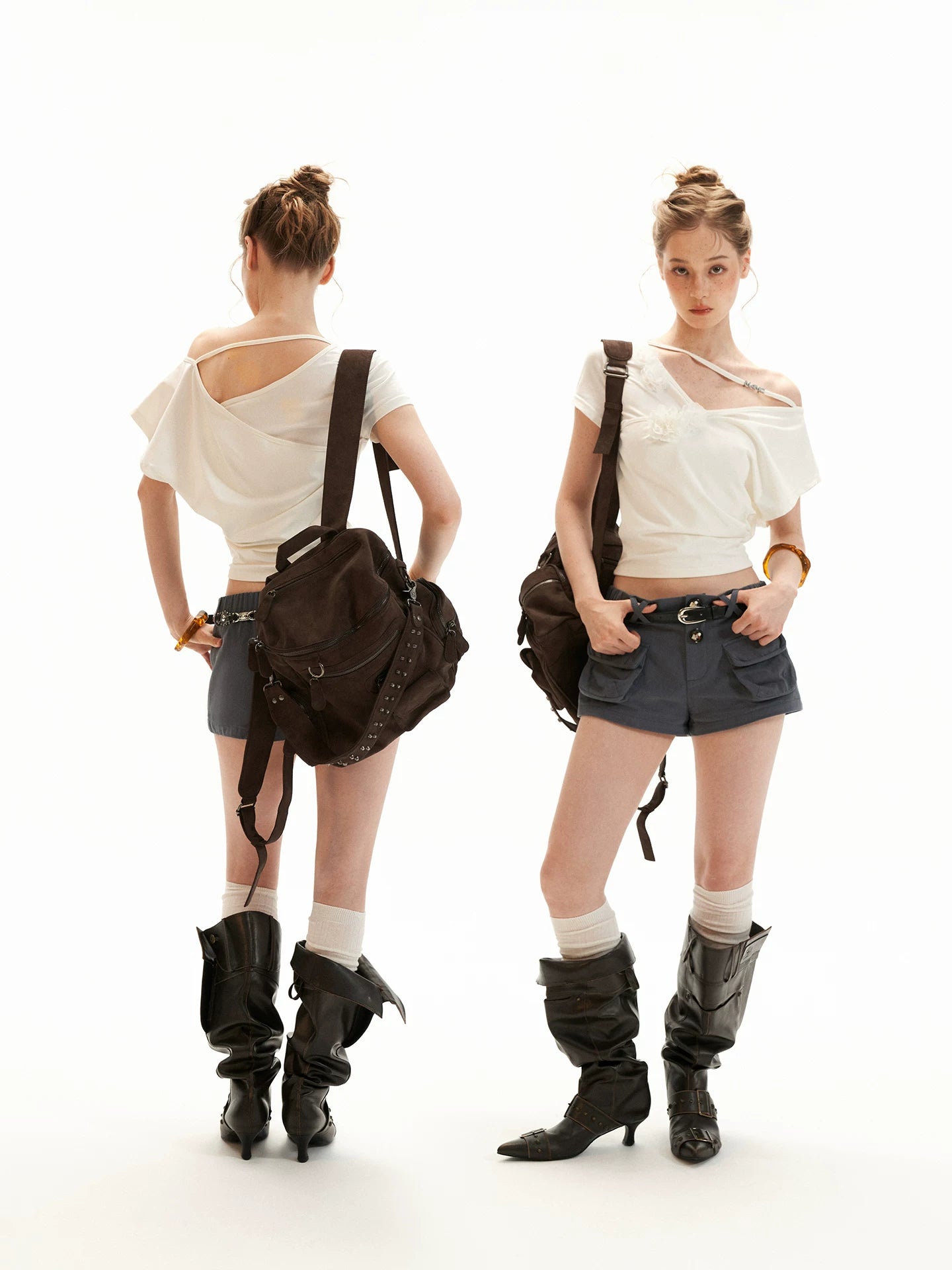 White Asymmetrical Flower Ruched Crop Top WE943
