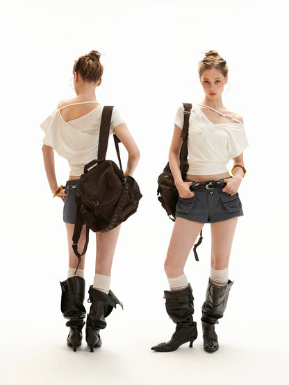 White Asymmetrical Flower Ruched Crop Top WE943