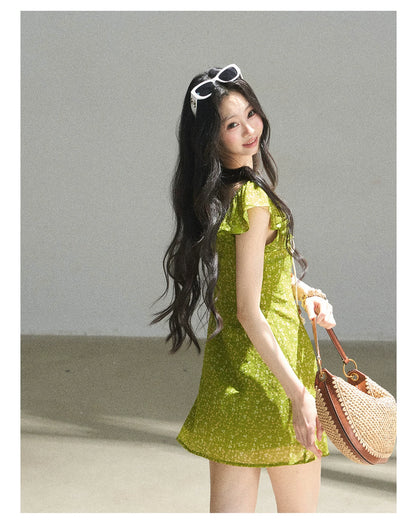 "Emerald Breeze" Primrose Green Floral Chiffon Mini Dress