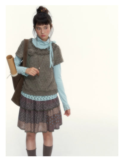 “Mint Milk Pudding” Mint Blue Lace-Trimmed Mock Neck Knit Top